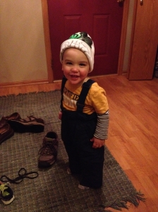 Timothy trying out his snowpants for the first time!